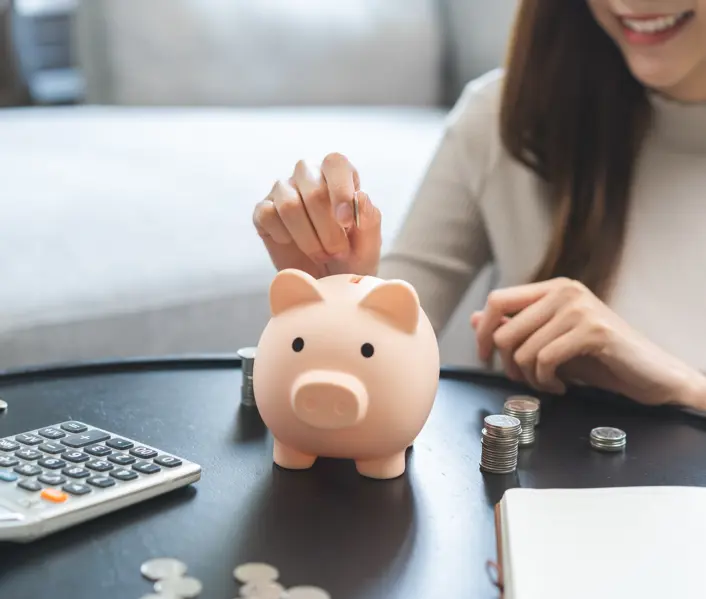 Pig money box with coins and calculator 