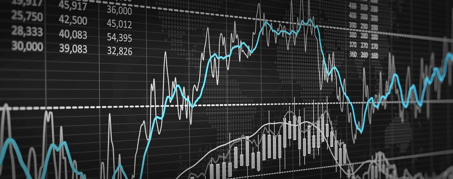 Dark financial dashboard showing white and blue line graphs tracking market movements, with columns of numerical data and candlestick charts in the foreground.