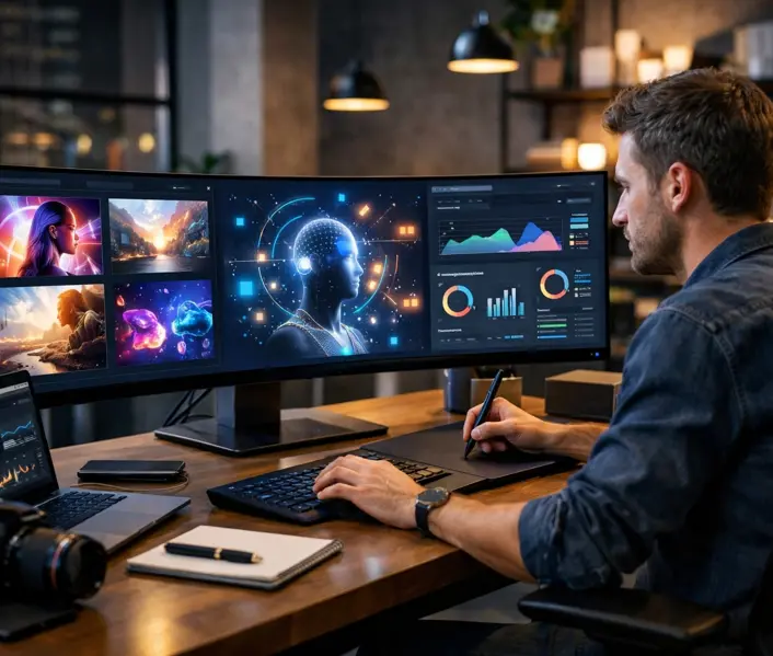 Man using a computer to use ai for marketing